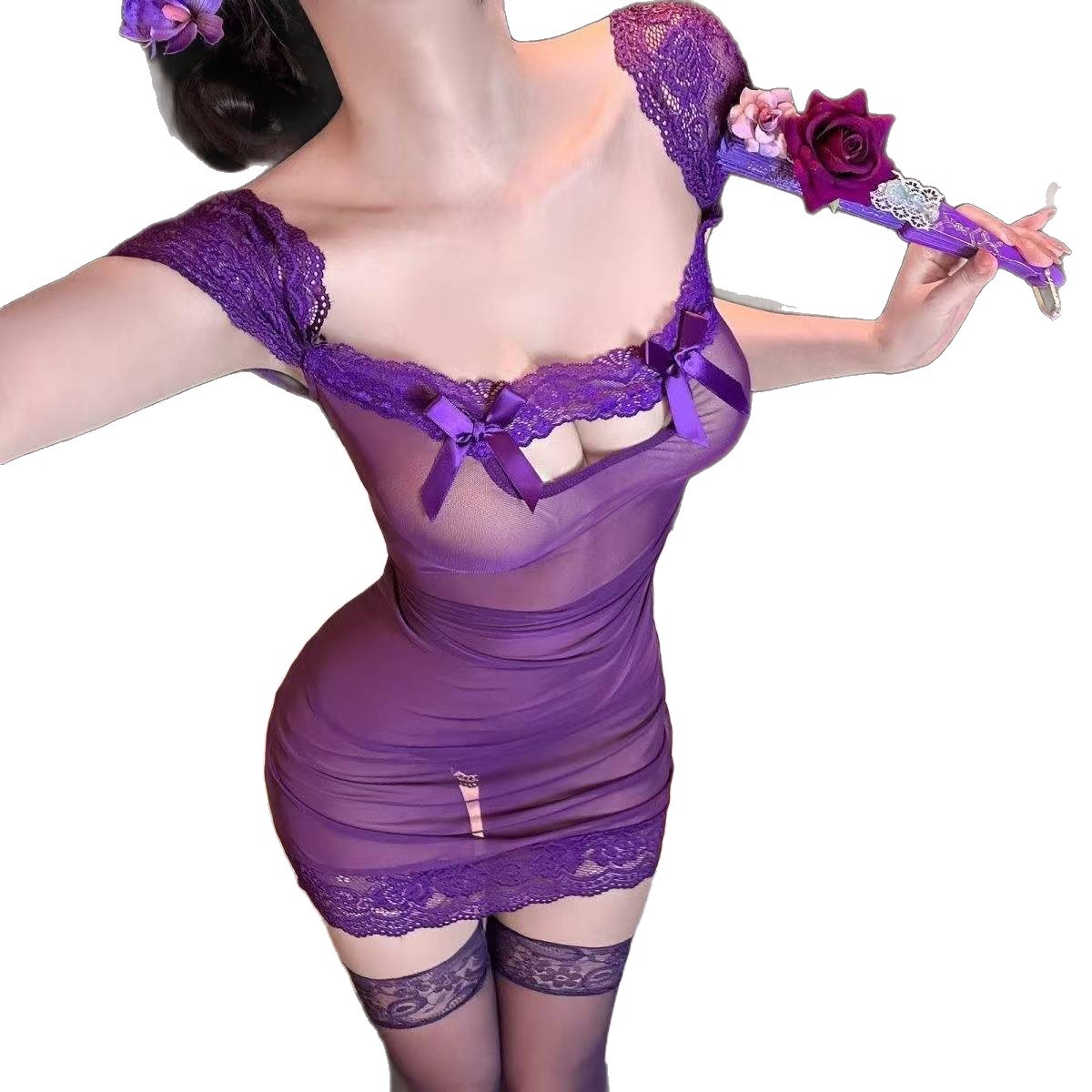 See-Through Lace Mesh Mini Dress with Purple Stockings, Cut-Out Nightclub Lingerie Set - Image 5