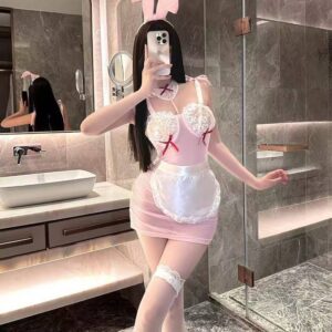 Maid & Bunny Girl Cosplay Lingerie Set with Headband, Apron, Tail and Thong