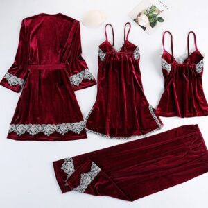Women's Lace Pajama Set with Gold Velvet Finish, Five-Sleeve Top and Seven-Point Pants, Royal Blue XXL