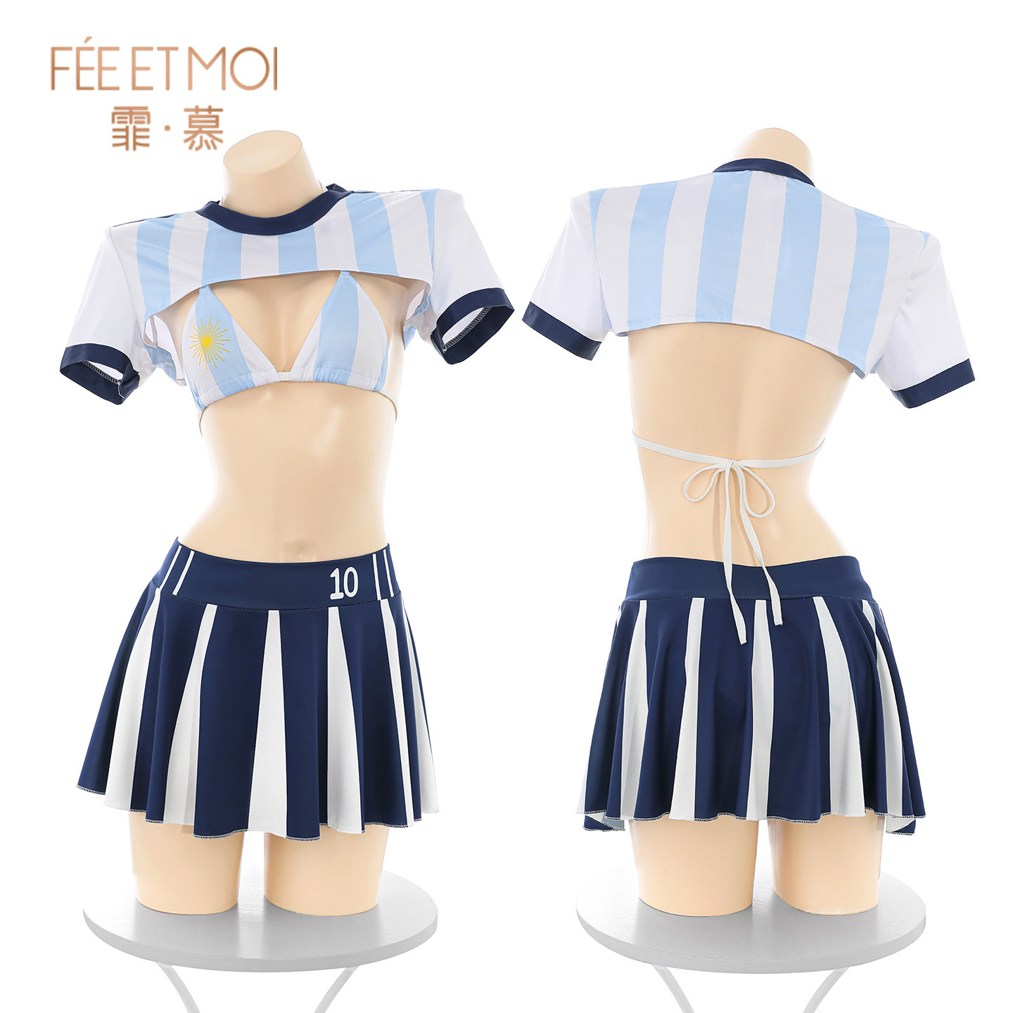 Green Field Football Babe Costume Set with Triangle Cup Top, Short Skirt, Eye Mask and Stockings - Image 5