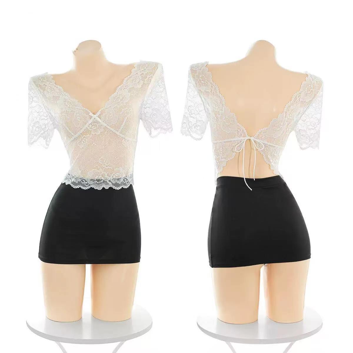 Deep V Lace Secretary Lingerie Set with Sheer Top, Mini Skirt and Thong - Image 5