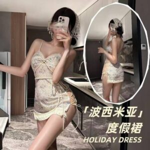 Bohemian Floral Maid Costume Dress with Hollow Straps and Thong, One Size