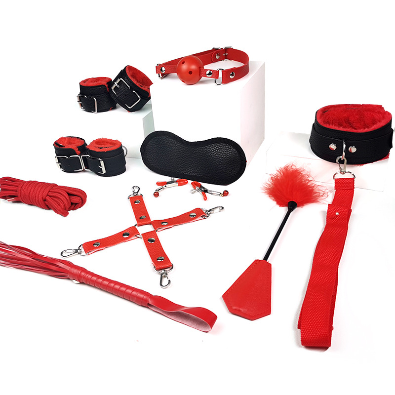 SM Bondage Ten-Piece Set with Handcuffs, Leather, Metal and Plush, Black and Red - Image 4