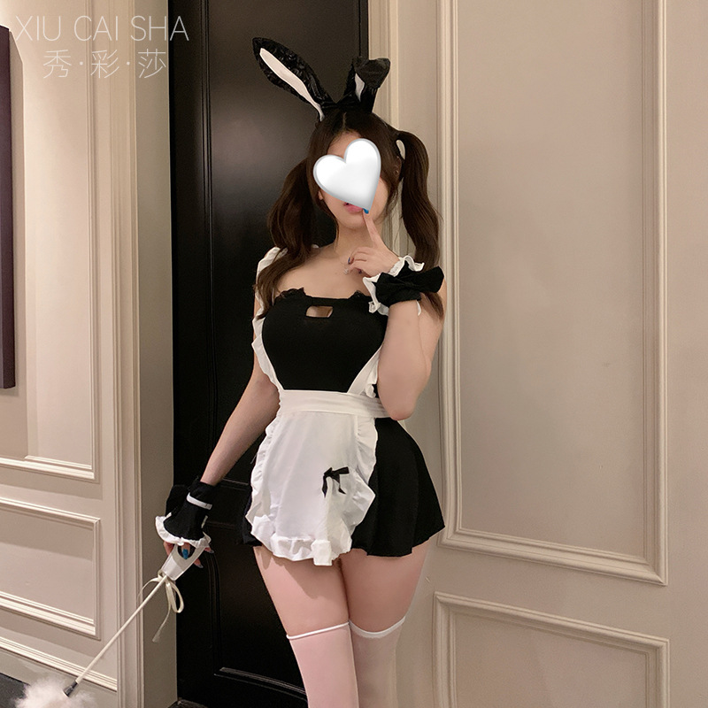 Maid Role-Play Lingerie Set with Apron, Headpiece, Wristbands, Thong and Stockings - Image 4