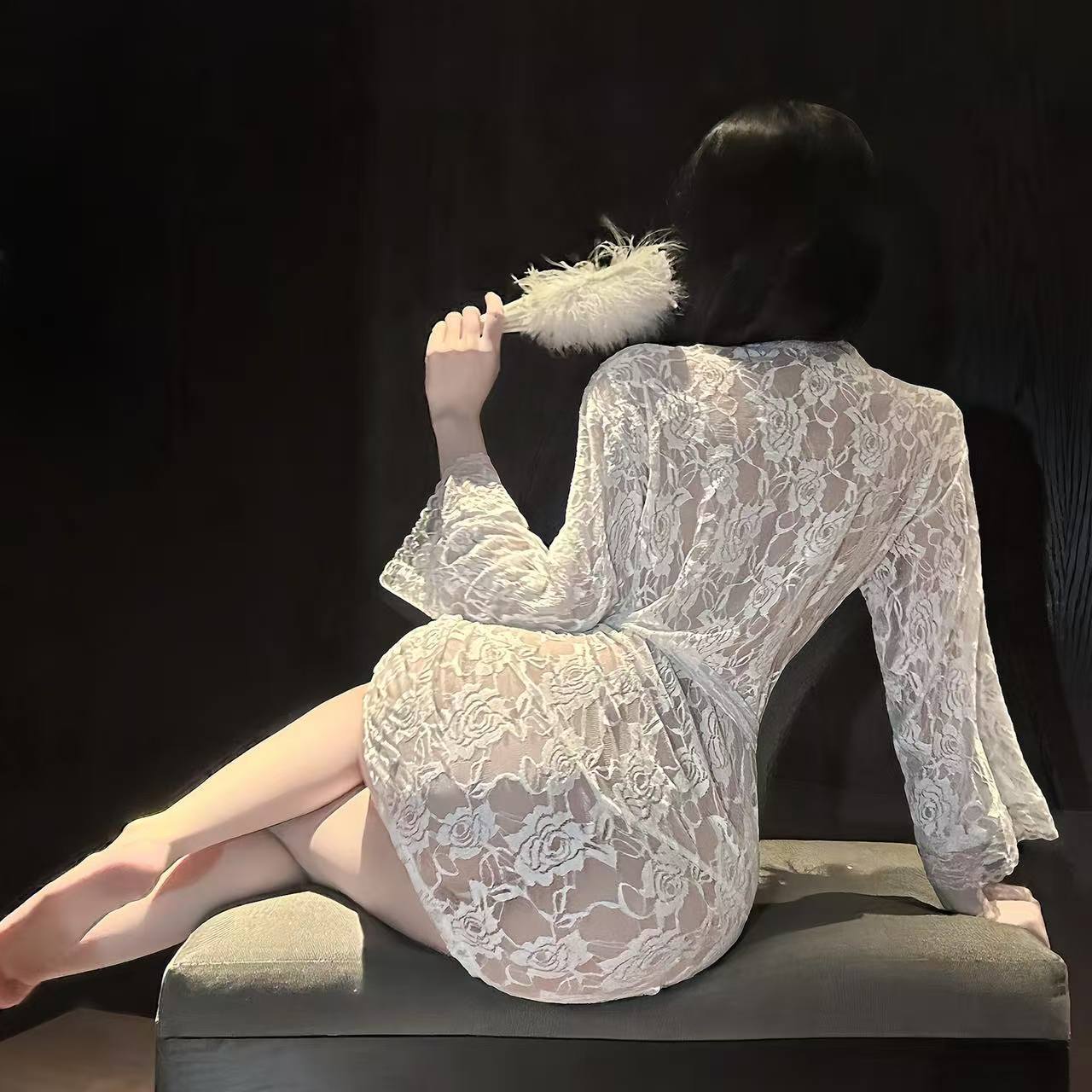 White Lace See-Through Babydoll Nightgown with Waist Belt and Thong, Sheer Polyester Sleepwear, One Size - Image 3