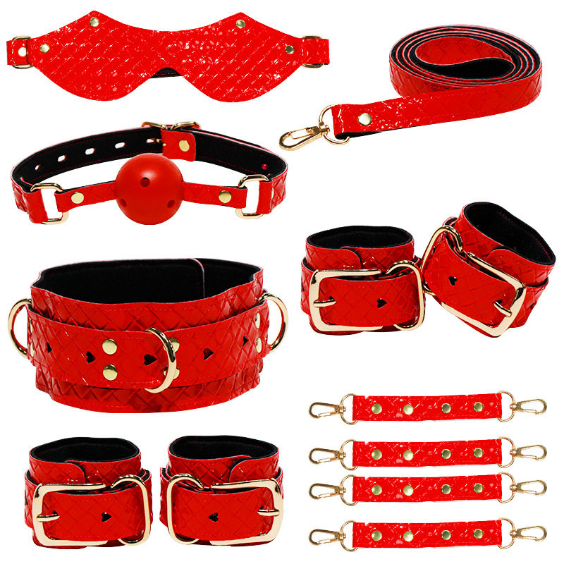 SM Fish Scale 7-Piece Bondage Kit with Nipple Clamps and Handcuffs in Black PU Leather - Image 5