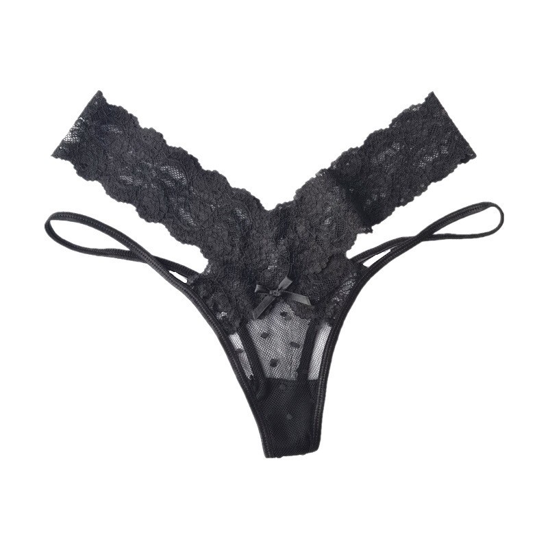 Women's Low-Waist Lace Thong in Black with Polka Dot Detail, Size L - Image 5