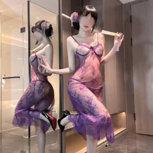 Purple See-Through Lace Lingerie Set with High-Slit Long Skirt, One Size
