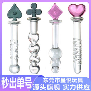 Glass Anal Plug with Poker Card Crystal Design, Bumps and Threads Texture, Transparent