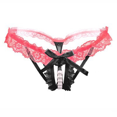 Women's Lace Hollow-Out Thong with Pearl Massage Detail, Open Crotch, Stretch Fit, Pink - Image 4