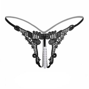Women's Embroidered Open-Crotch G-String with Pearl Detail, Sheer Hollow Design, Rose Red, One Size