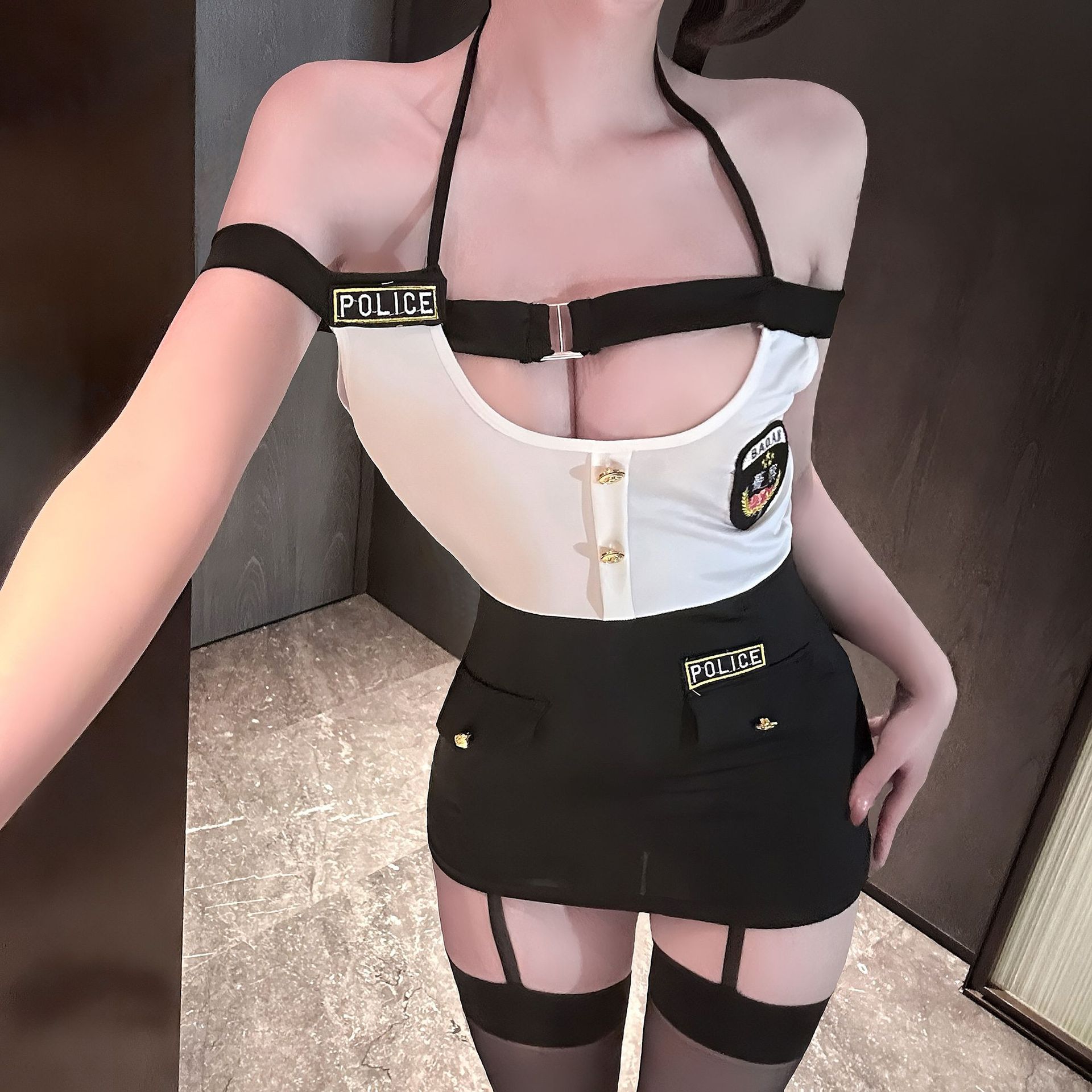 Police Instructor Roleplay Costume Set with Bodysuit and Thong, Black One Size - Image 2