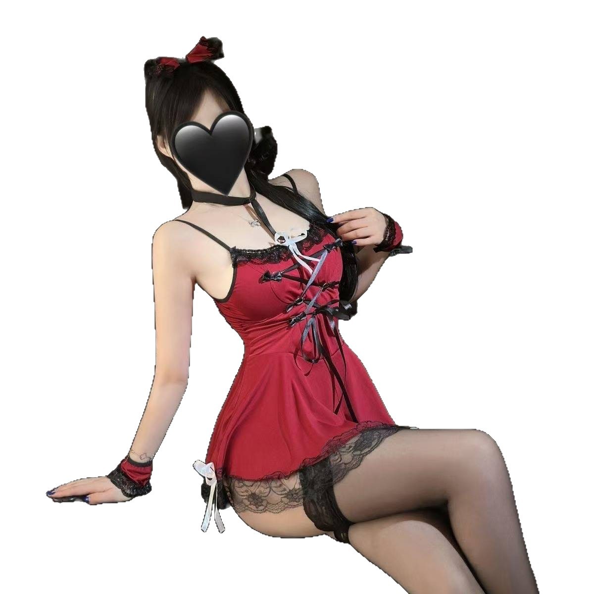 Maid Roleplay Lingerie Set with Red Uniform and Black Bodystocking - Image 5