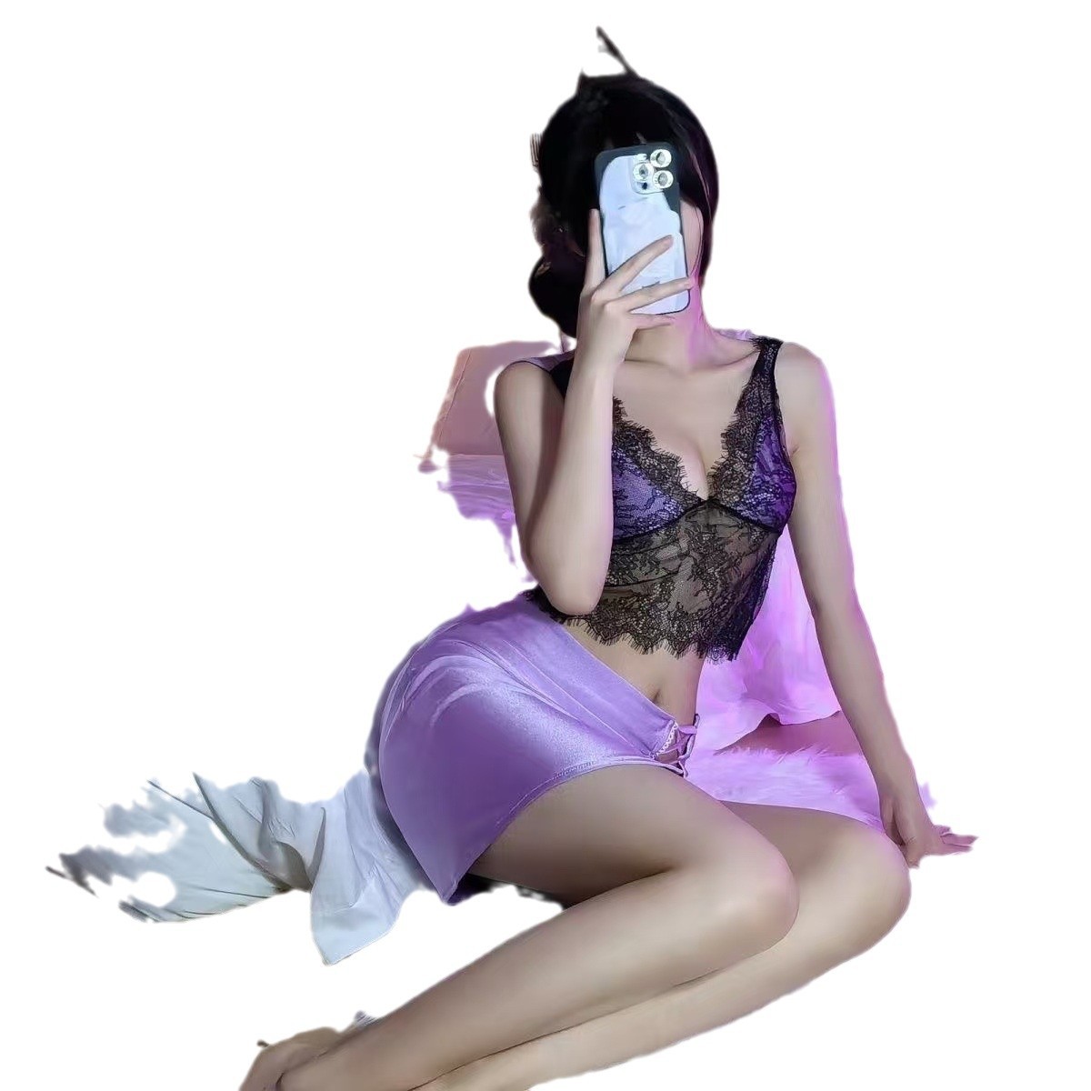 Sexy Cheongsam-Style Roleplay Lingerie Set with Deep V and Purple Charm - Image 5
