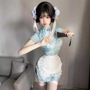 Cheongsam Maid Apron Lingerie Set, Two-Piece Pink Roleplay Outfit, One Size
