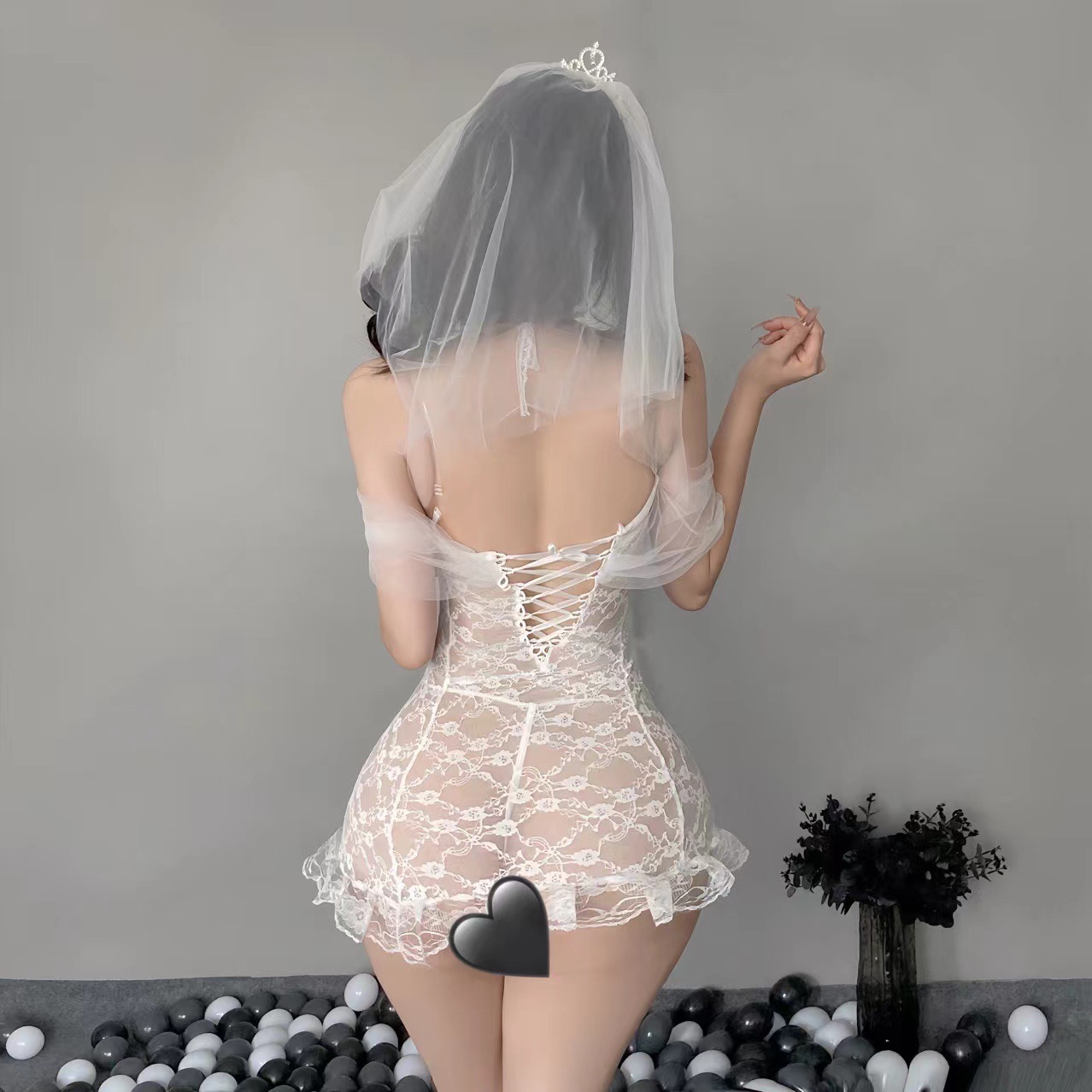 Bride Lace Suspender Nightgown Set with Sheer Babydoll and White Open-toe Stockings - Image 3