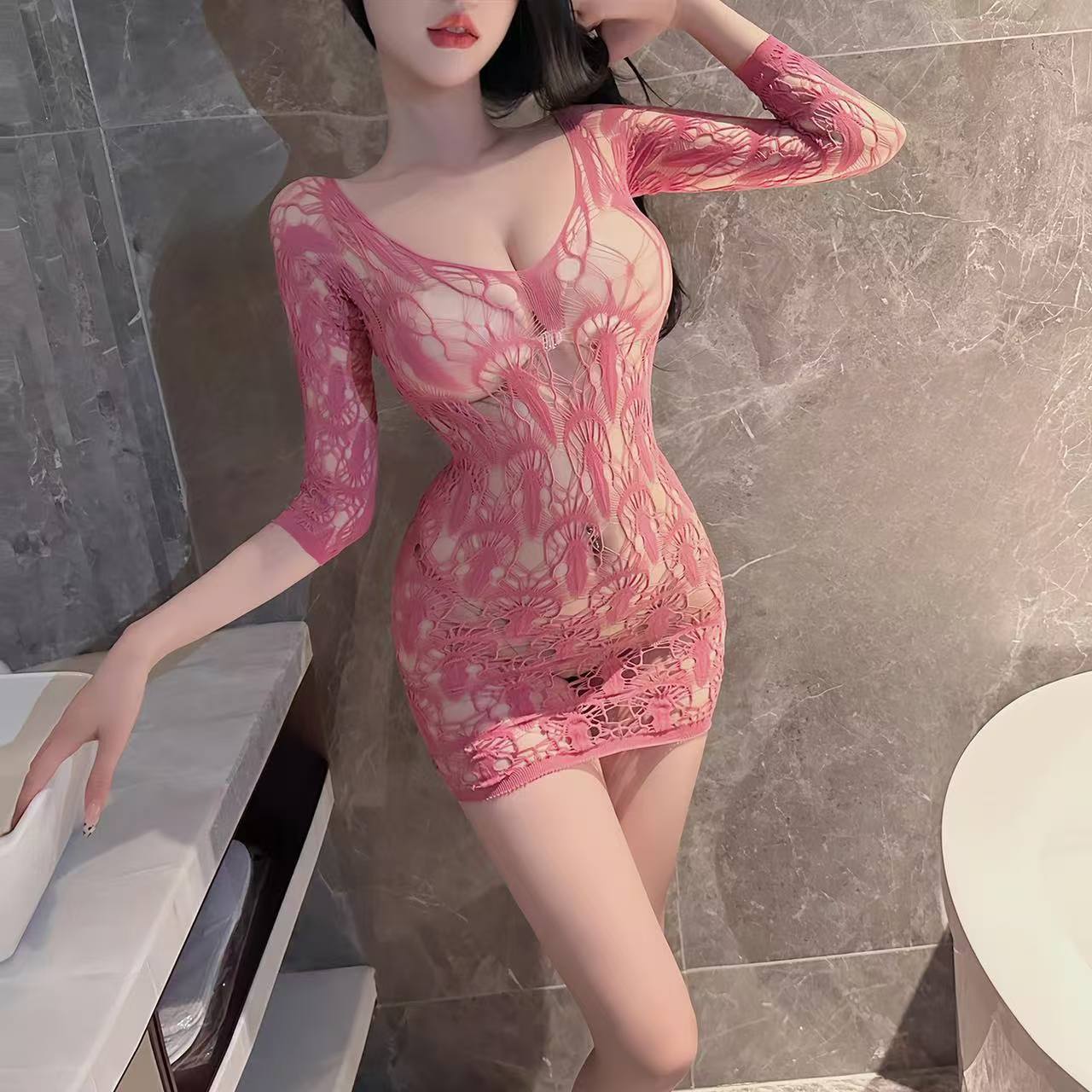 Hollow Jacquard Open-Crotch Babydoll Set with Bag and Posie Socks, One Size - Image 2