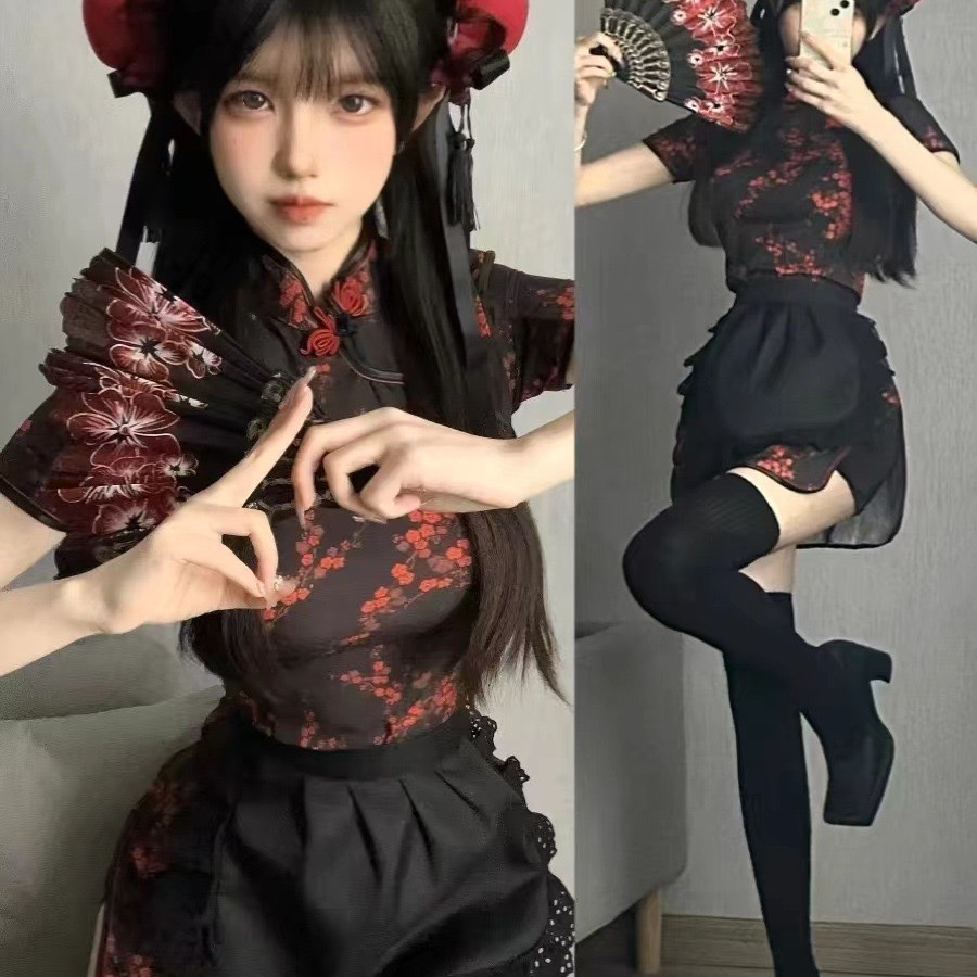 Lolita Maid Apron Cosplay Dress Set with Tie Straps, Short Chinoiserie Cheongsam Style - Image 2