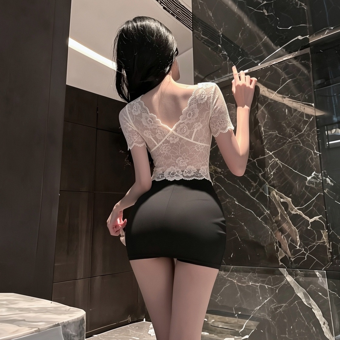 Deep V Lace Secretary Lingerie Set with Sheer Top, Mini Skirt and Thong - Image 3