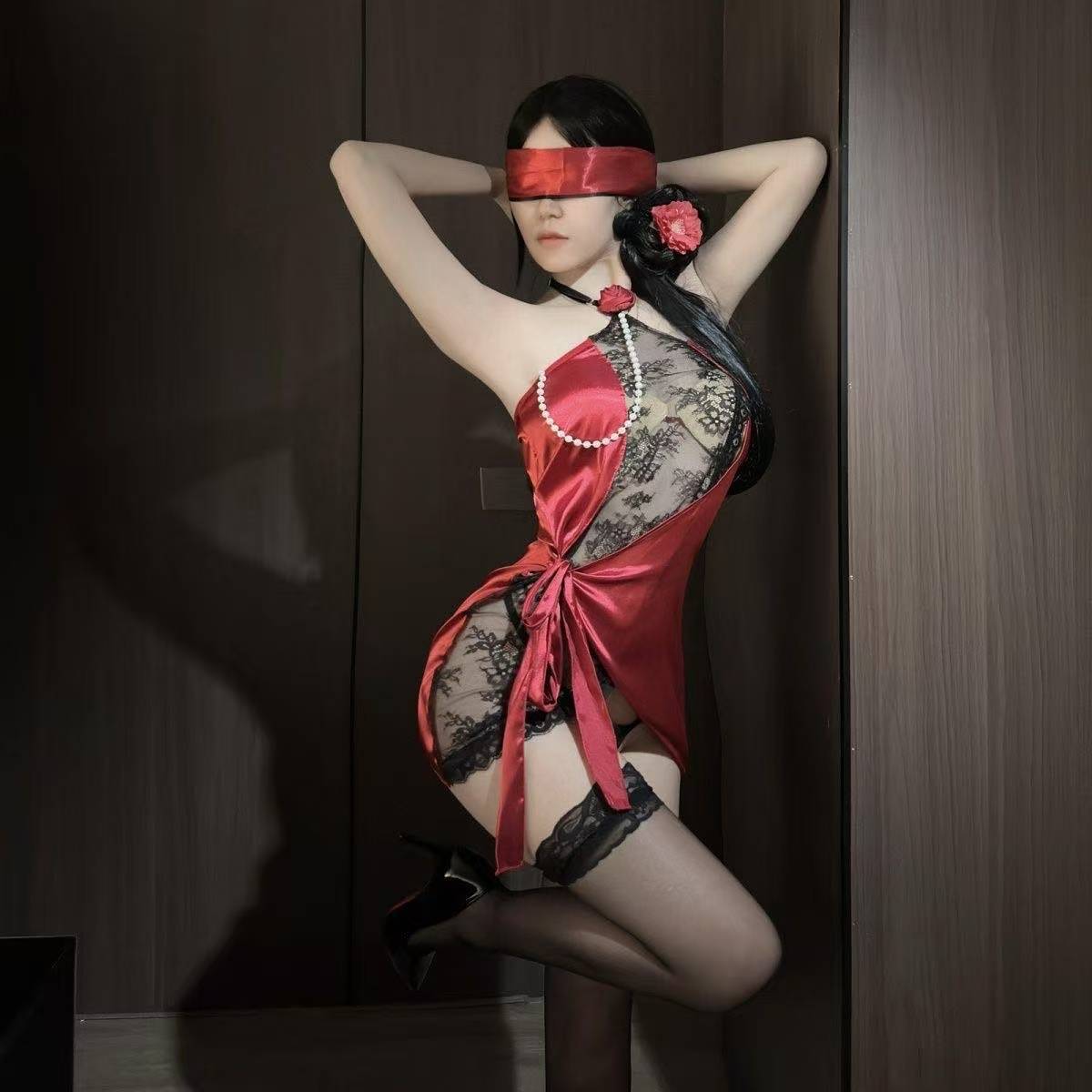 Eternal Night Rose Lace-Up Lingerie Dress Set with Thong, Stockings and Blindfold - Image 2