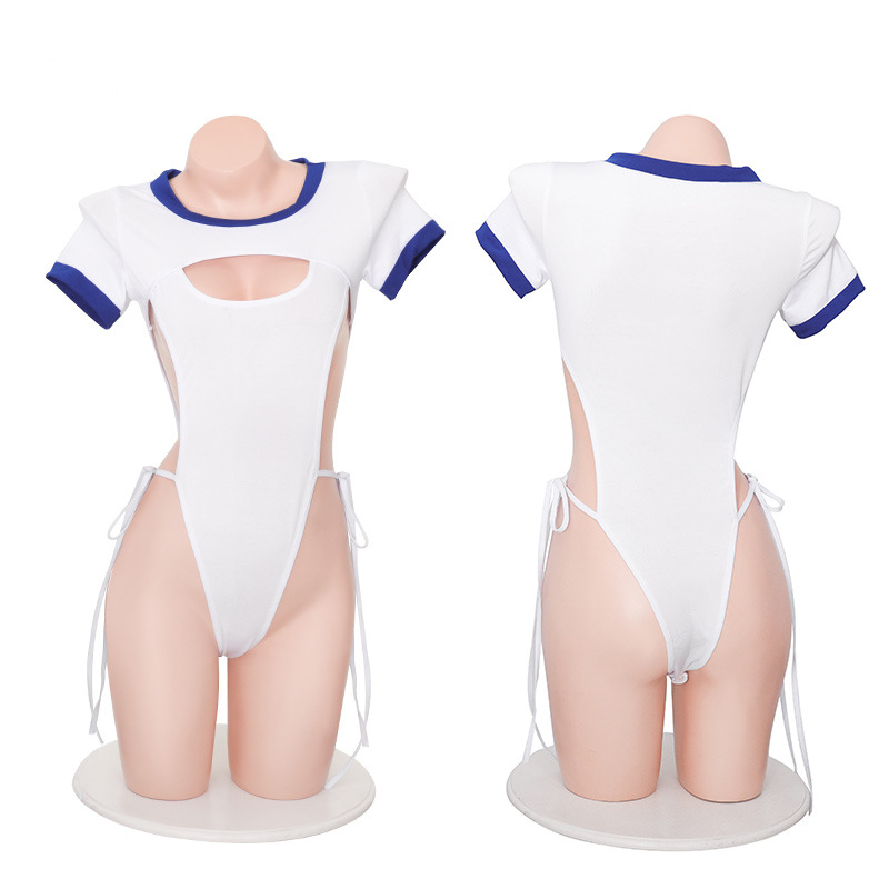 One-Piece Crotchless Lingerie Jumpsuit, Milk Silk Fabric, White Uniform-Style Roleplay - Image 5
