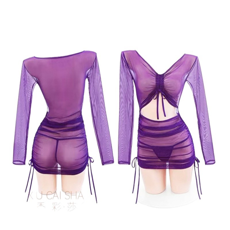 See-Through Long-Sleeve Babydoll Lingerie Set with Thong and Open-Crotch Stockings - Image 5