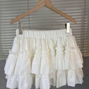 Sweet White Puffy Cake Skirt, High-Waist Pleated Lolita Half Skirt, Polyester