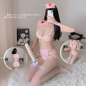 Nurse Role-Play Lingerie Set, Pink Polyester Uniform with Headpiece and Skirt