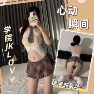 Retro JK Uniform Roleplay Lingerie Set with Plaid Jumpsuit and Student Socks