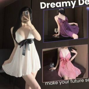 French-Style Deep V-Neck Strap Nightgown with Bow Detail and Chest Pads, Black Polyester Sleepwear