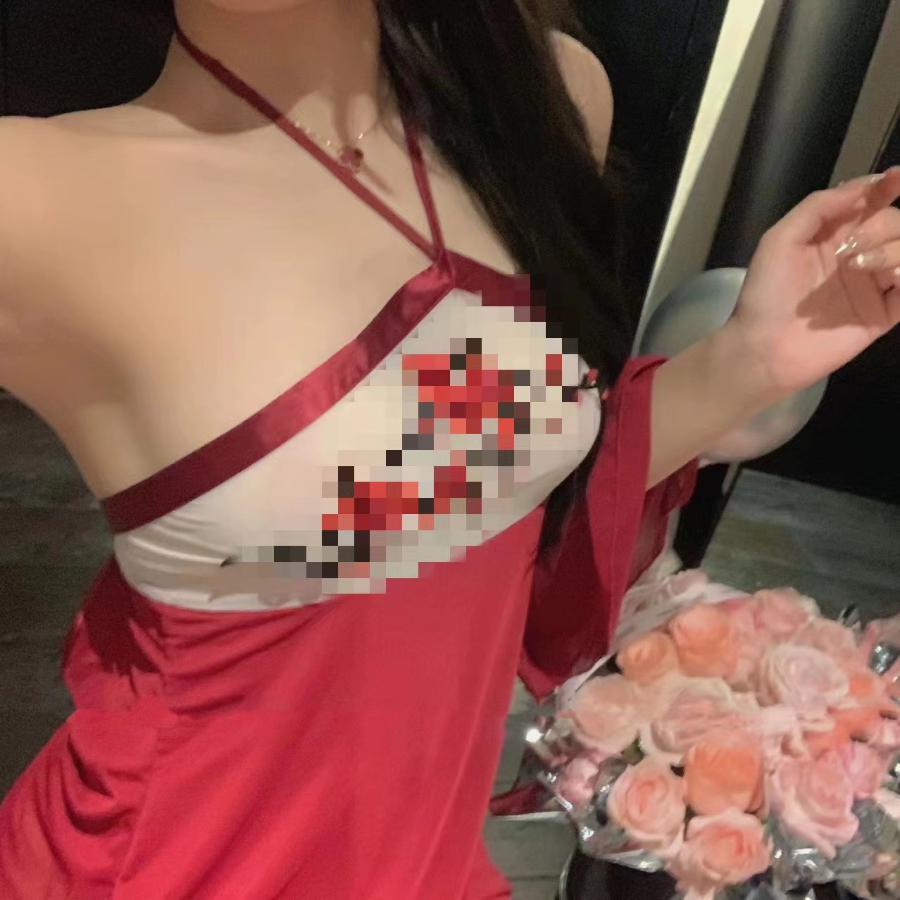 Chinese-Style Halter Belly Dress Pajama Set with Plum Blossom Embroidery and Mesh Sleeves - Image 2