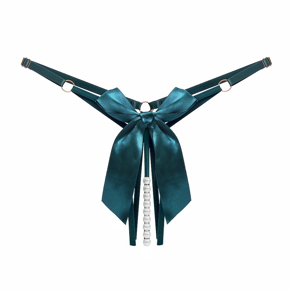 Women's High-Waist Hollow String Brief with Bow and Pearl Massage Detail, Dark Green, One Size Adjustable - Image 2