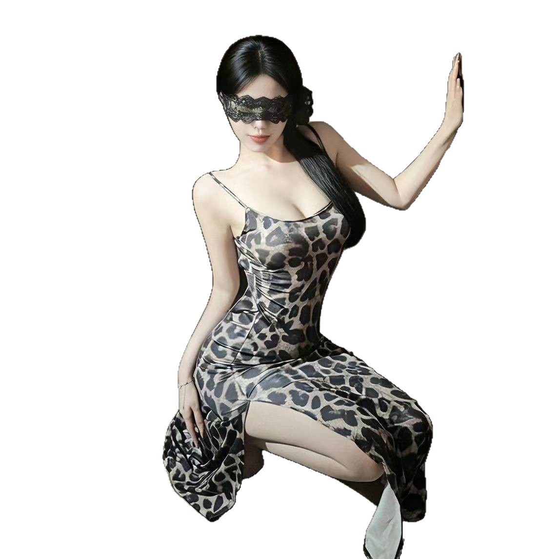 Leopard Print Suspender Dress Set with Stockings and Blindfold - Image 5