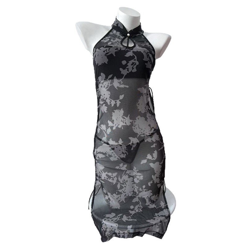 Ink-Style Sheer Cheongsam Lingerie Set with High Slit, Lace-Up Mesh and Thong - Image 5