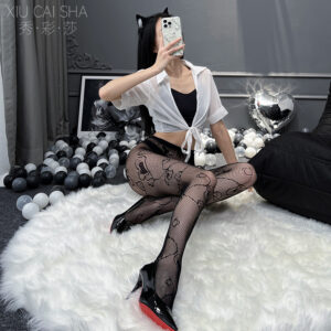 Black Fishnet Lace Thigh-High Stockings with Non-Slip Garters, One Size