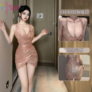 Deep V Sequin Suspender Skirt Lingerie Set with Thong, One Size
