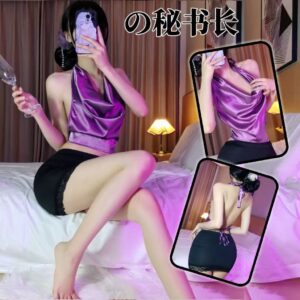 Purple Lace Secretary Roleplay Lingerie Set with Top, Skirt and Panties