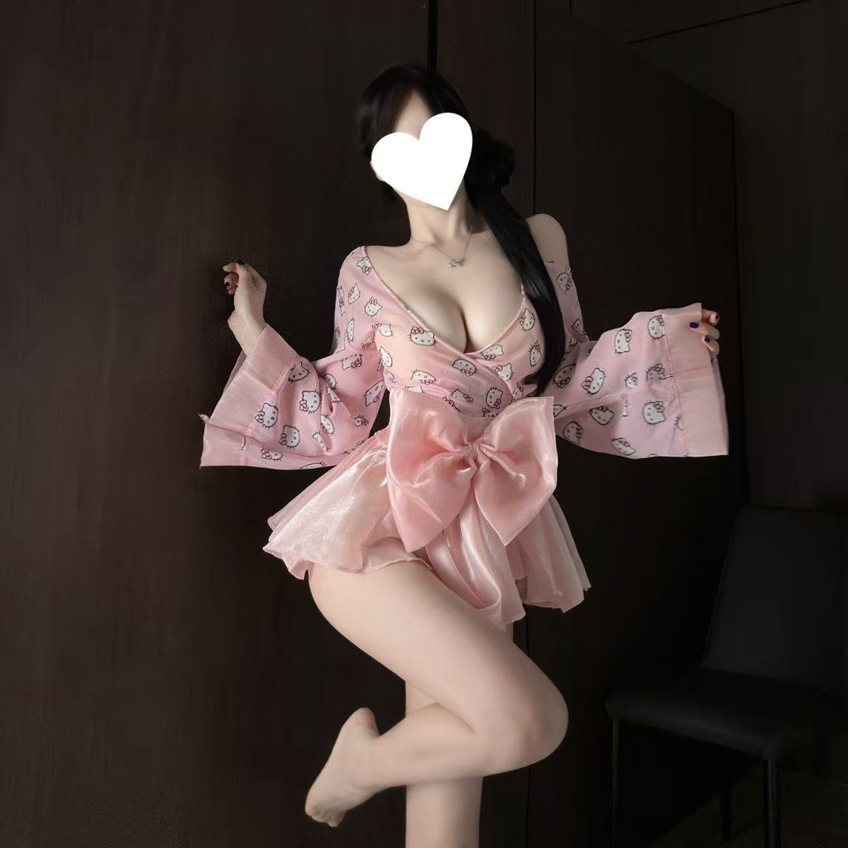 Japanese-Style Kitty Cat Print Kimono Lingerie Set with Bow Tie and Deep V - Image 3