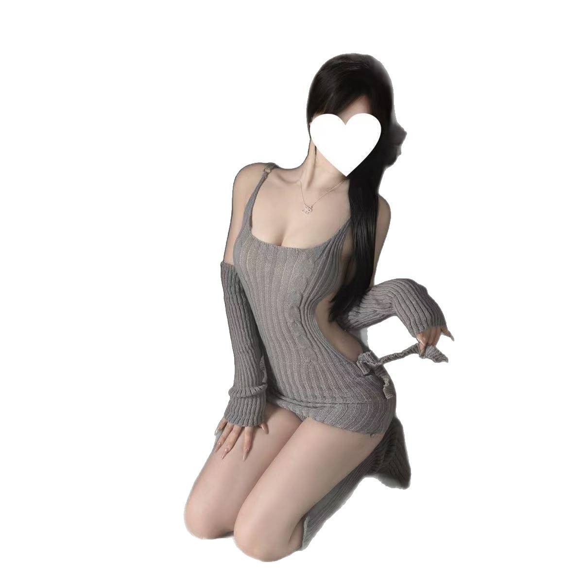 Japanese-Style Maid Roleplay Lingerie Set, Backless Sweater Top with Grey Bodystocking - Image 5