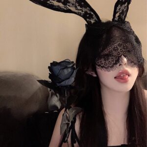 Black Lace Rabbit Ears Headband with Veil Mask for Party Photography