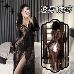 French Romantic Lace Leopard Print See-Through Babydoll Dress with Open-Back Detail, Black with Leopard Stockings