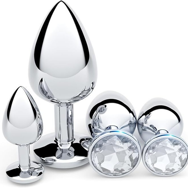 Metal Anal Plug Set with Diamond Detail, 3 Sizes with Velvet Pouch - Image 3