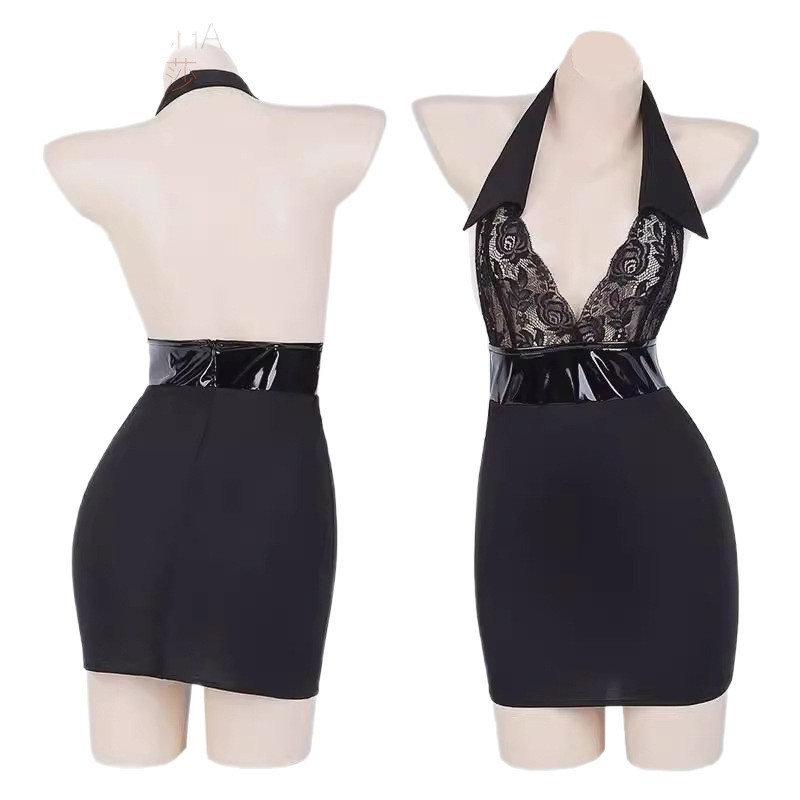 Lace Halterneck Babydoll Set with Open-Crotch Stockings, Black One Size - Image 5