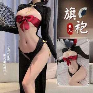 Front-Open Crotchless Cheongsam Costume Lingerie Set with Panties and Heart Pasties