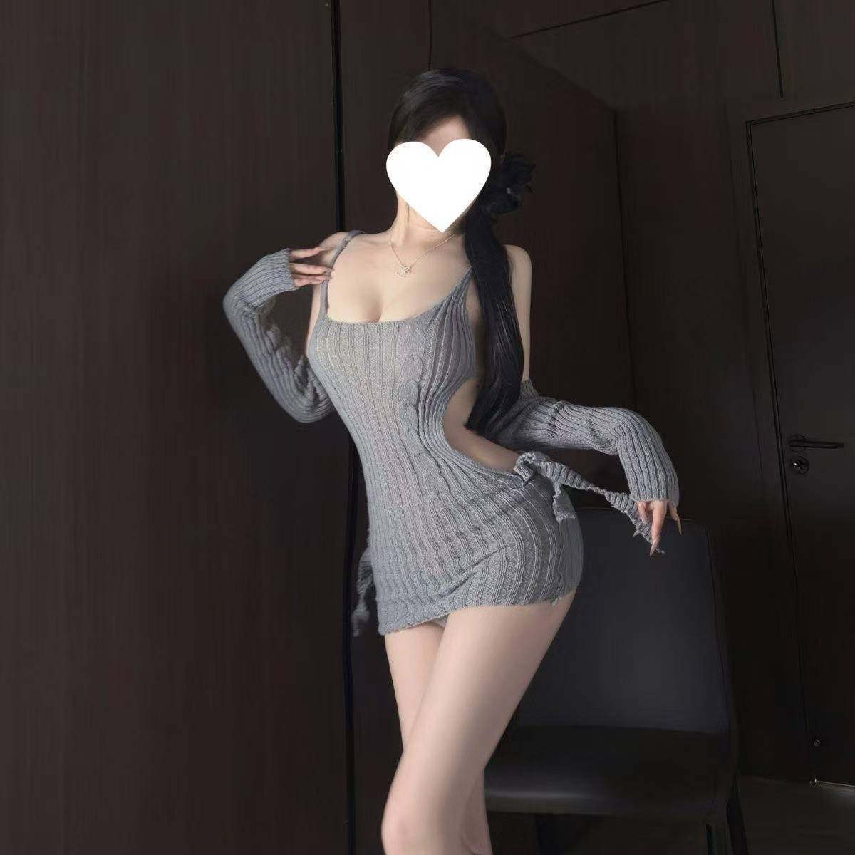 Japanese-Style Maid Roleplay Lingerie Set, Backless Sweater Top with Grey Bodystocking - Image 4