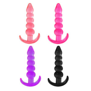 Silicone Anal Beads and Metal Plug Finger Set with Ring, Pink or Purple