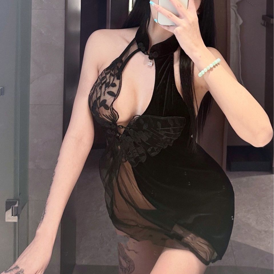 See-Through Cheongsam Lingerie Set, Side Slit Mesh-Style Nightgown, Black One Size - Image 3
