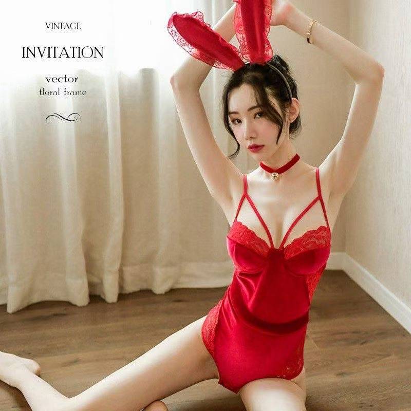 Bunny Girl Cosplay Lingerie Set with Gloves, Red Uniform for Small Busts - Image 4