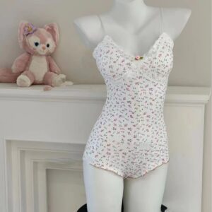 Rose Floral V-Neck Sling Nightdress Jumpsuit with Chest Pad