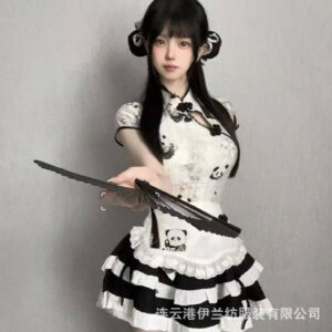 Chinese-Style Panda Print Maid Apron Set with Top and High-Waist Puffy Skirt